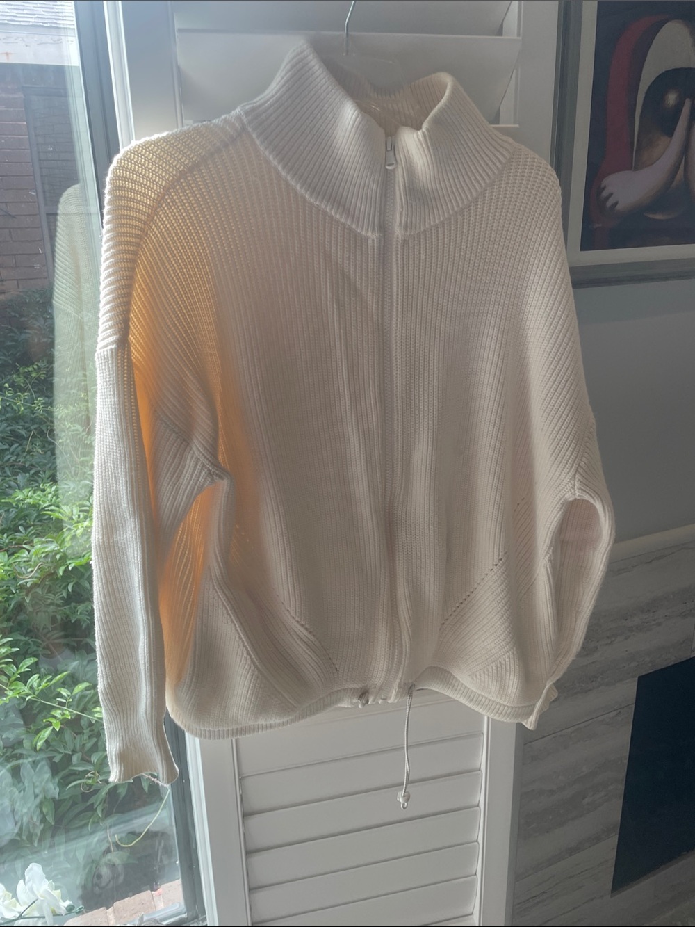 Cream Zip-Front Women’s Knit Sweater with High Collar